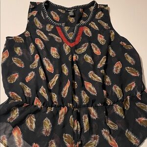 Navy Blue Feather-Print Boho Top Y2K